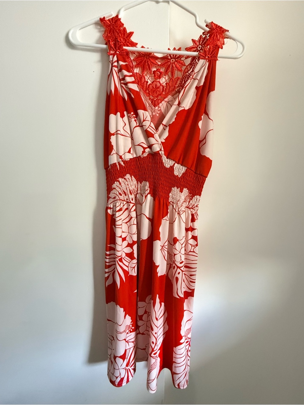Sunrise Beachwear Dark Orange Hibiscus Lace-Accent Mini Dress/Swimsuit Cover-up